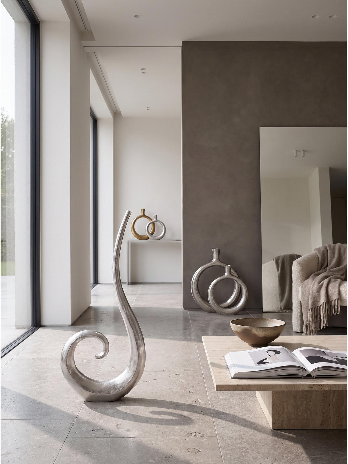 BODENVASE BAVENO, Aluminium, handgefertigt, Silber, 48 x 10 x 100 cm - Silberfarben, Metall (100cm) - KADIMA DESIGN