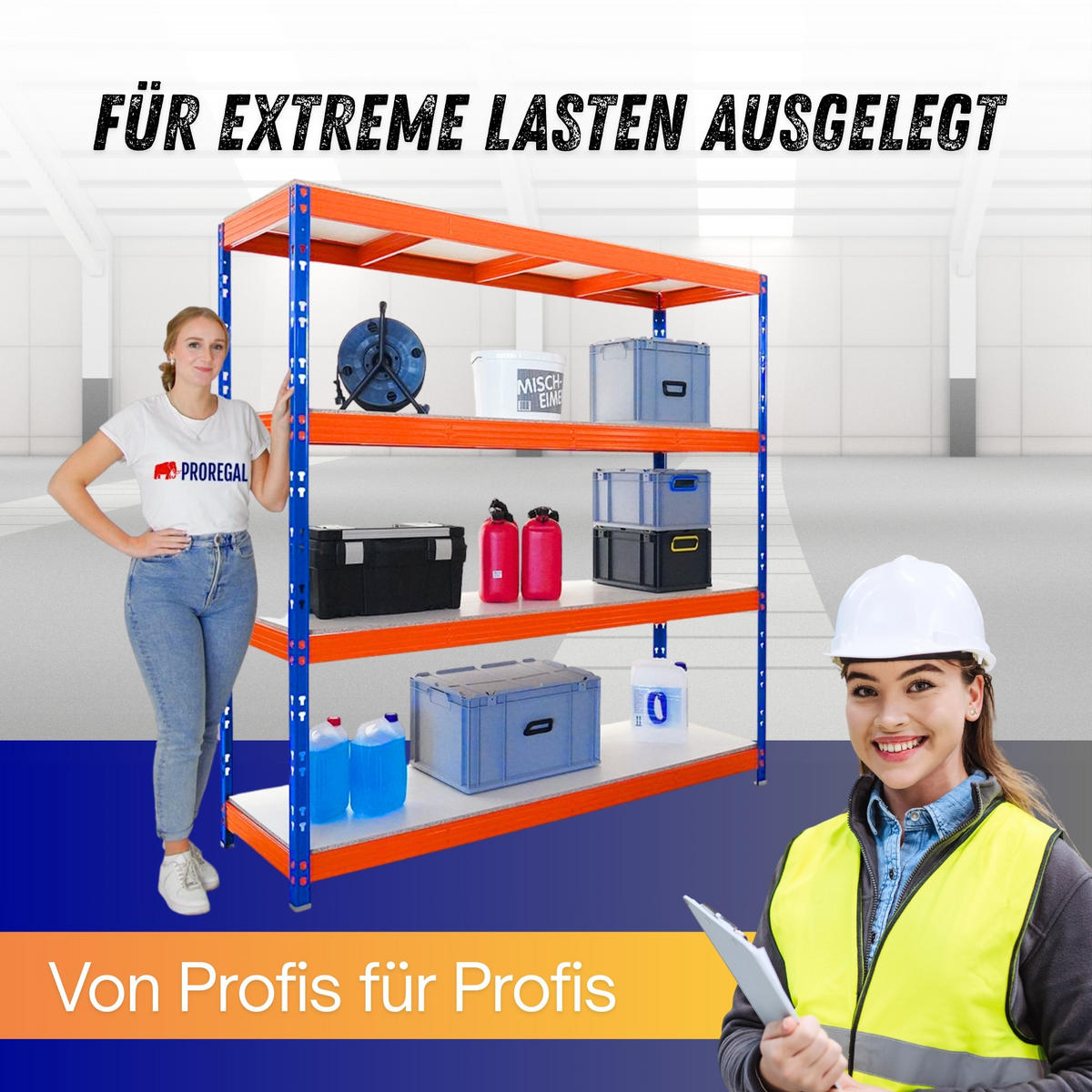 SCHWERLASTREGAL Rhino 200x200x60 cm 4 Melamin-Ebenen 16mm Fachlast 500 kg Blau/Orange - Blau/Orange, Metall (200/200/60cm) - PROREGAL