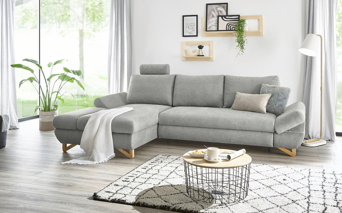 ECKSOFA hellgrau Struktur-Stoff, Sofa mit Bettfunktion und Stauraum 284 cm - Hellgrau, Holz/Textil (166/284cm) - Furn.Design