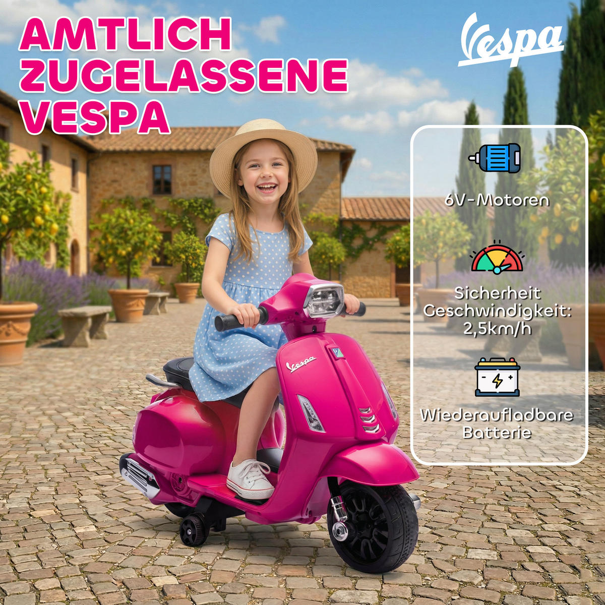 KINDERMOTORRAD DE-06280 Vespa lizenziert mit Stützrädern und Hupe Rosa - Pink, Kunststoff/Metall (71/37/52cm) - ComfortXL