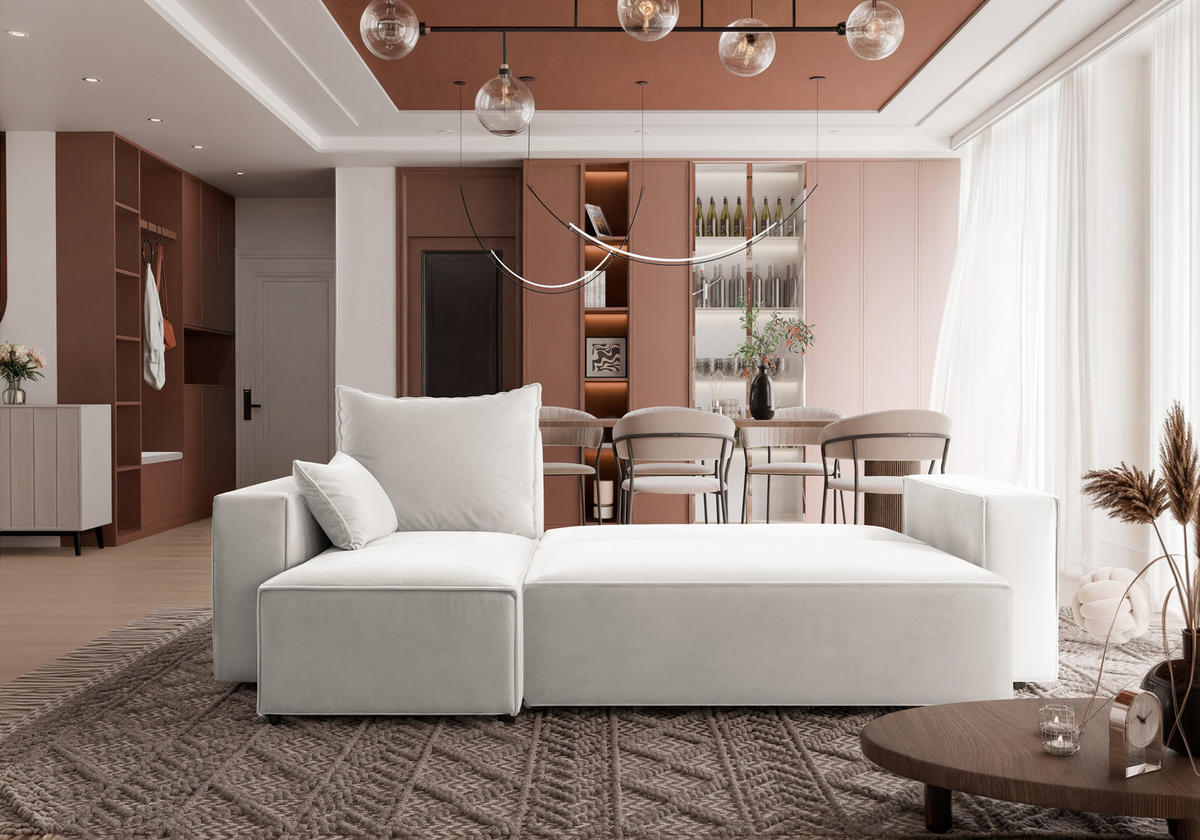 ECKSOFA Tobi mit Bettkasten und Schlaffunktion, L-Form, Velourstoff, Universal - Weiß, Holzwerkstoff (246/145cm) - 4ALL HOME