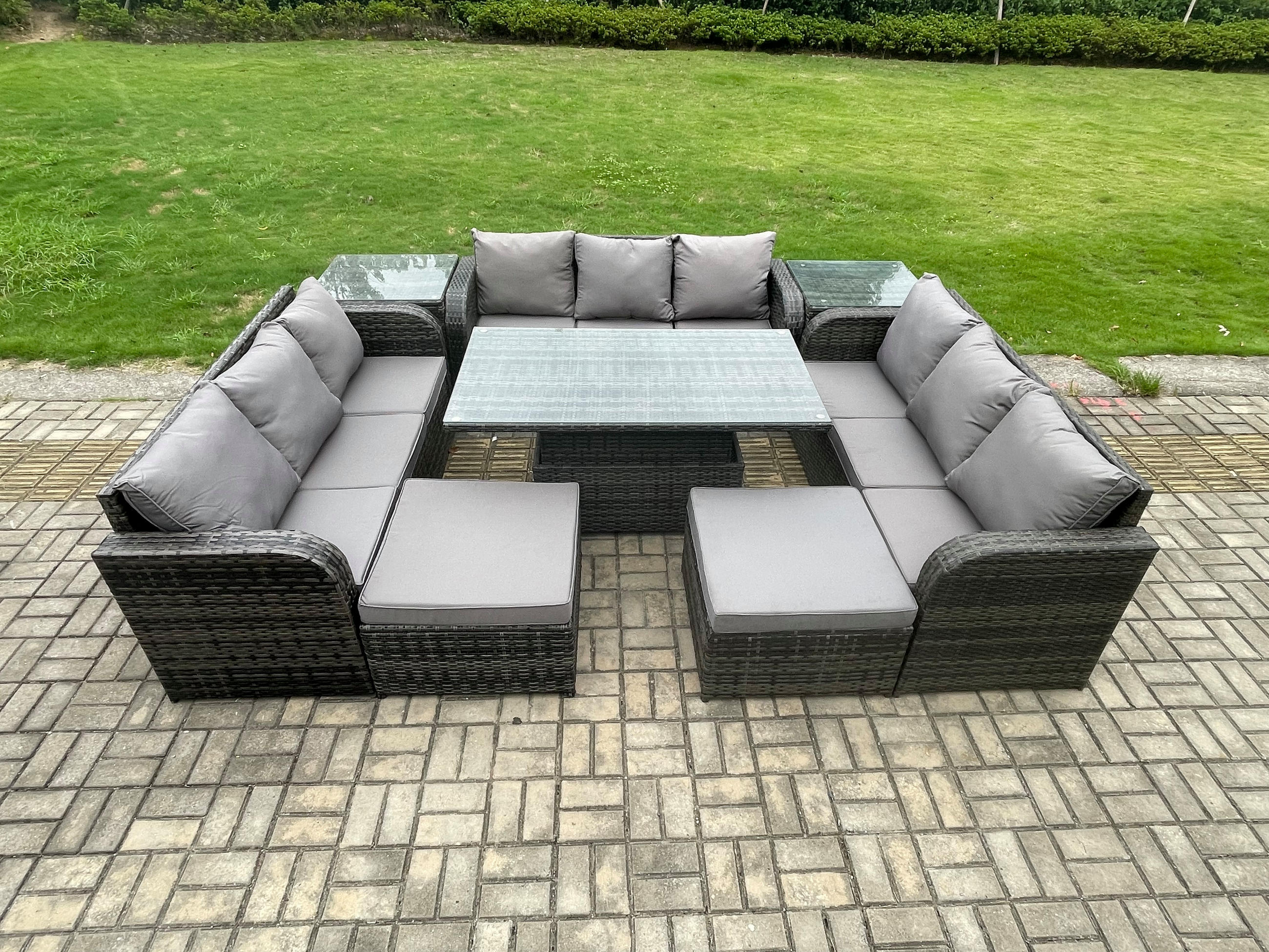 GARTENTISCHGRUPPE Polyrattan 11-Sitzer - Dunkelgrau/Grau, Glas/Kunststoff - Fimous