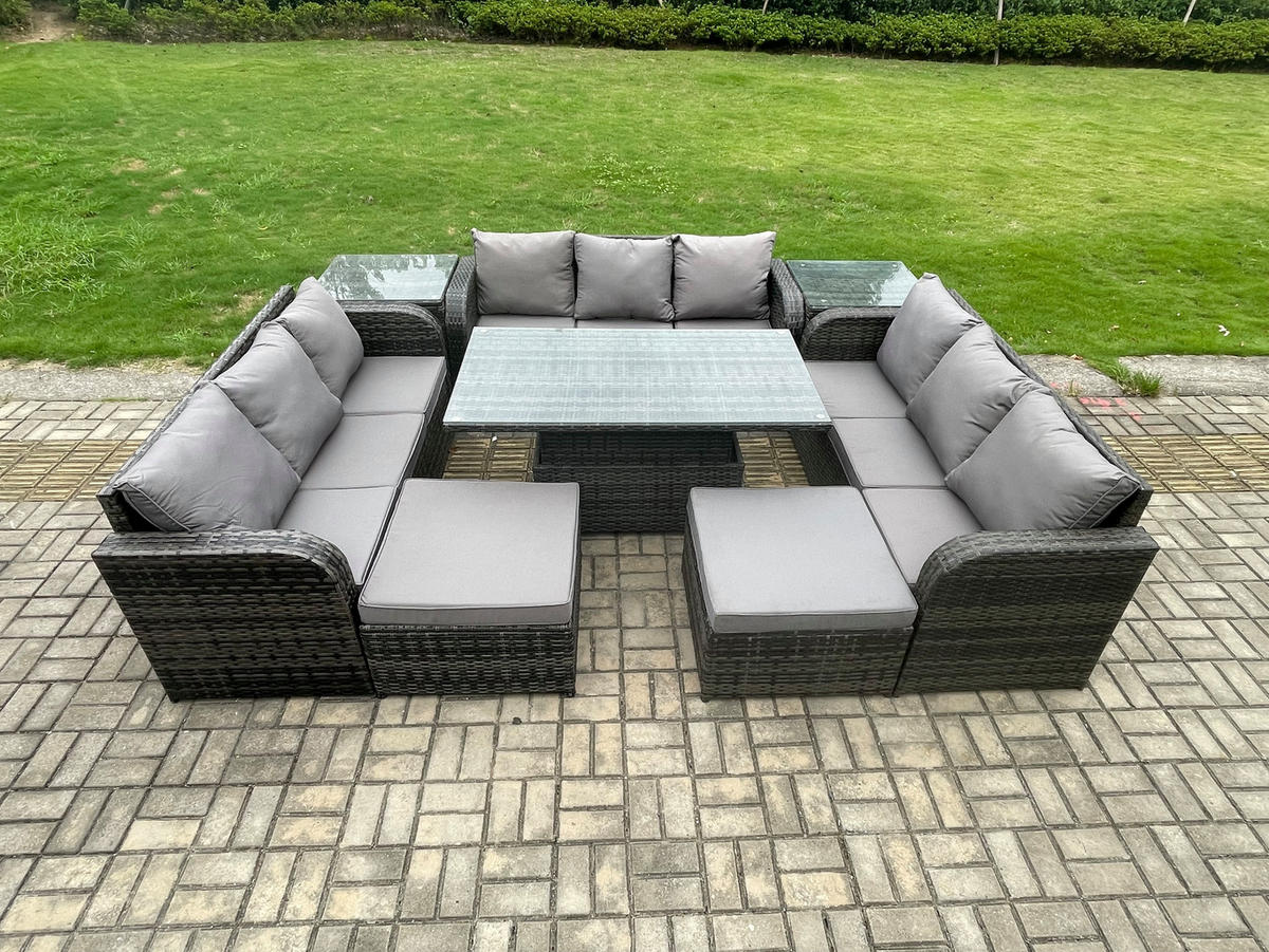 GARTENTISCHGRUPPE Polyrattan 11-Sitzer - Dunkelgrau/Grau, Glas/Kunststoff - Fimous