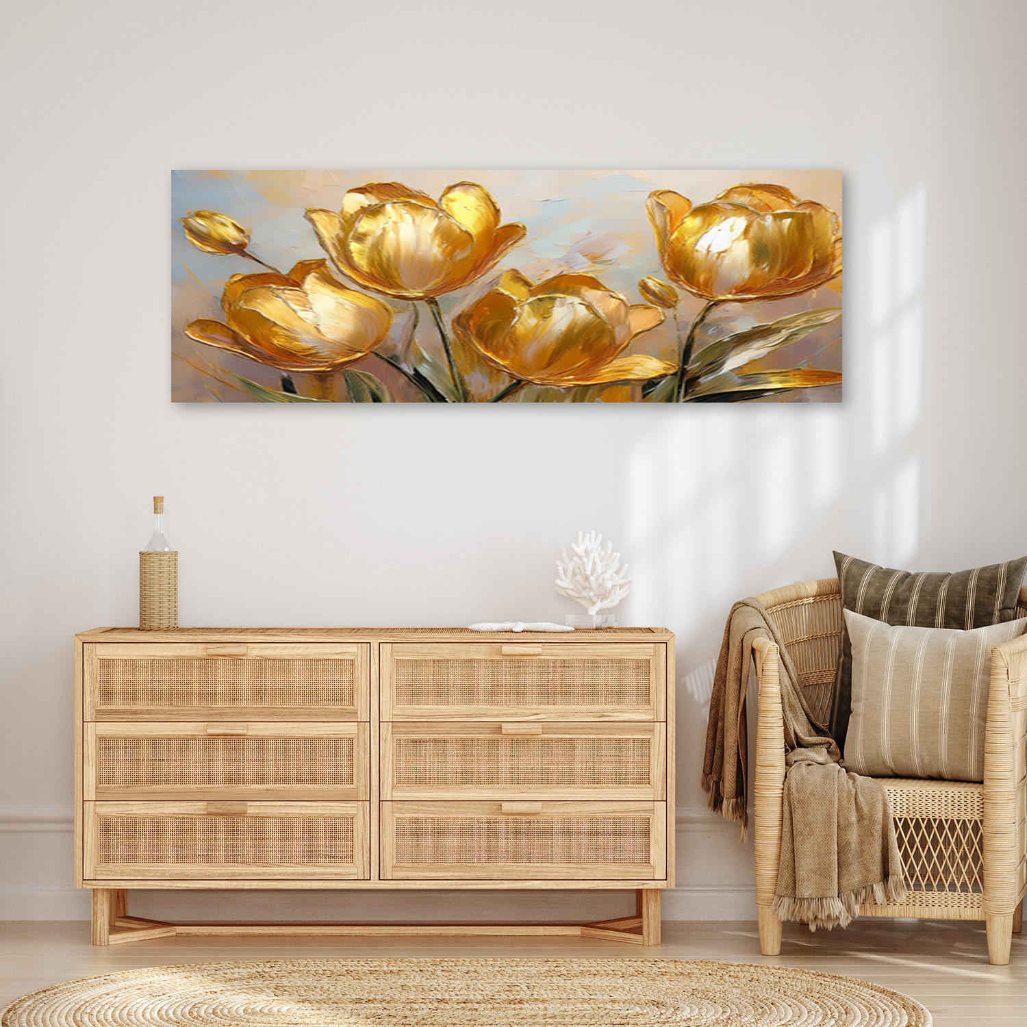 WANDBILD goldene tulpen bemalte blumen - Goldfarben, Textil (90/30cm) - Feeby