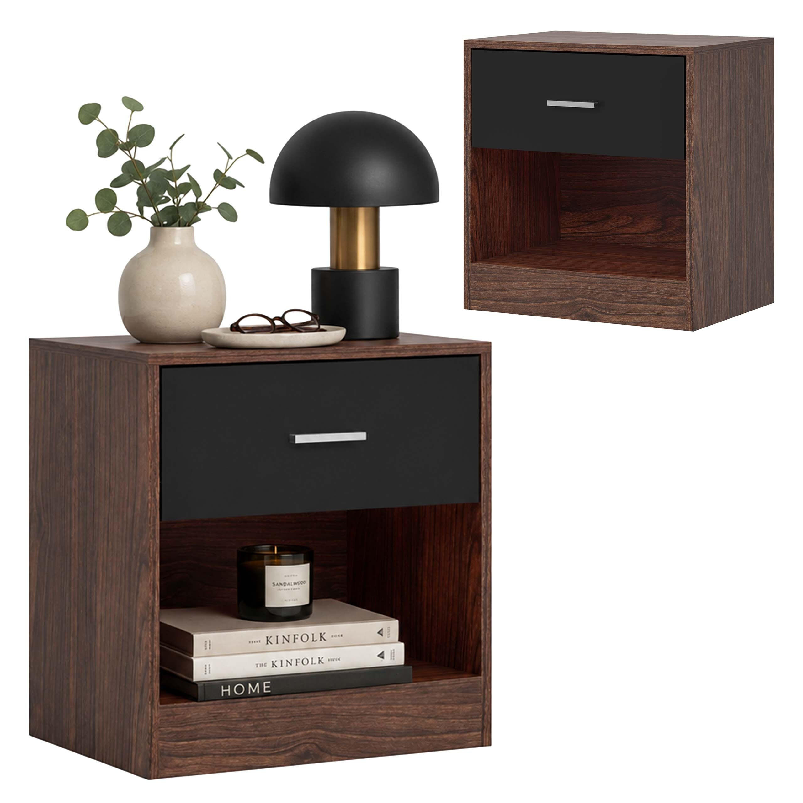 NATTBORD Brun-svart 2-pack med låda - Brun, Träbaserade material (39/41/28cm) - Relaxdays