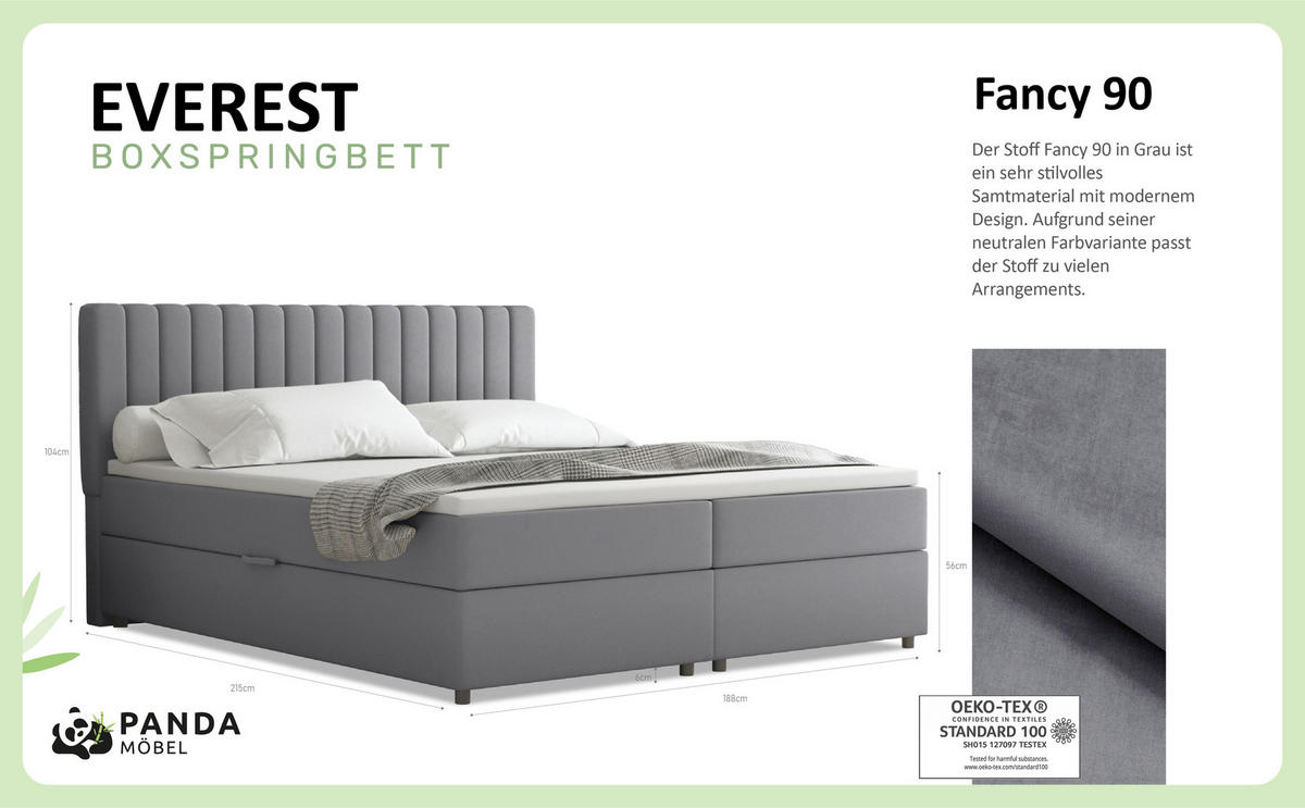 BOXBETT Everest grau 180 x 200 cm Doppelbett mit hochwertiger Bonell-Matratze und Topper - Grau, Holz (180/200cm) - Panda Möbel