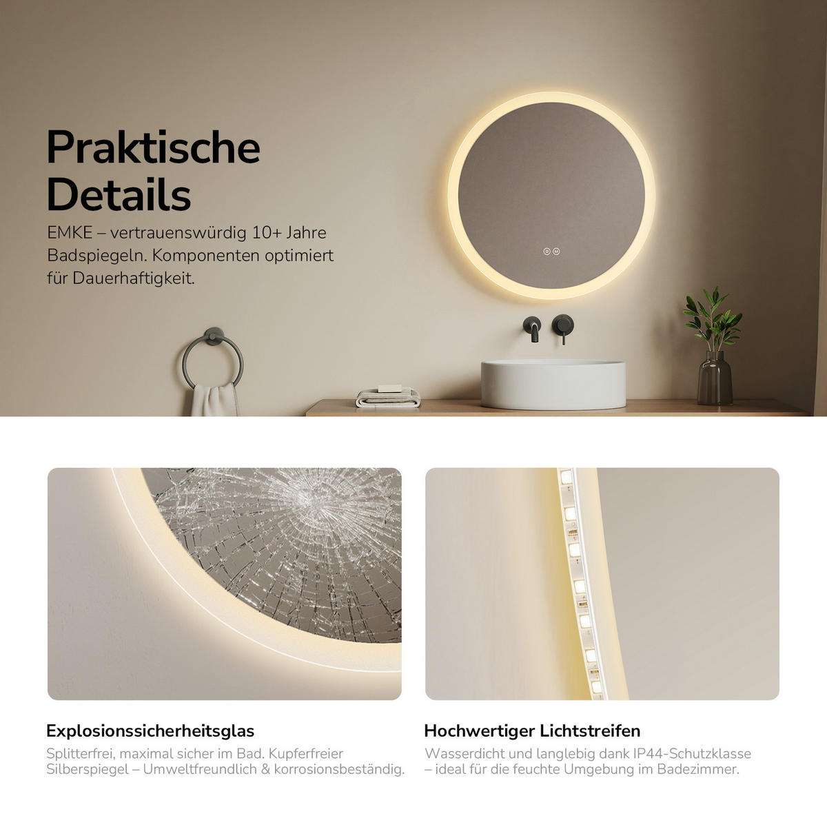 BADSPIEGEL Rund mit LED-Beleuchtung Lichtrand, 3 Lichtfarben, beschlagfrei, Ø 50 cm - Transparent, Glas (50/50/3.5cm) - EMKE