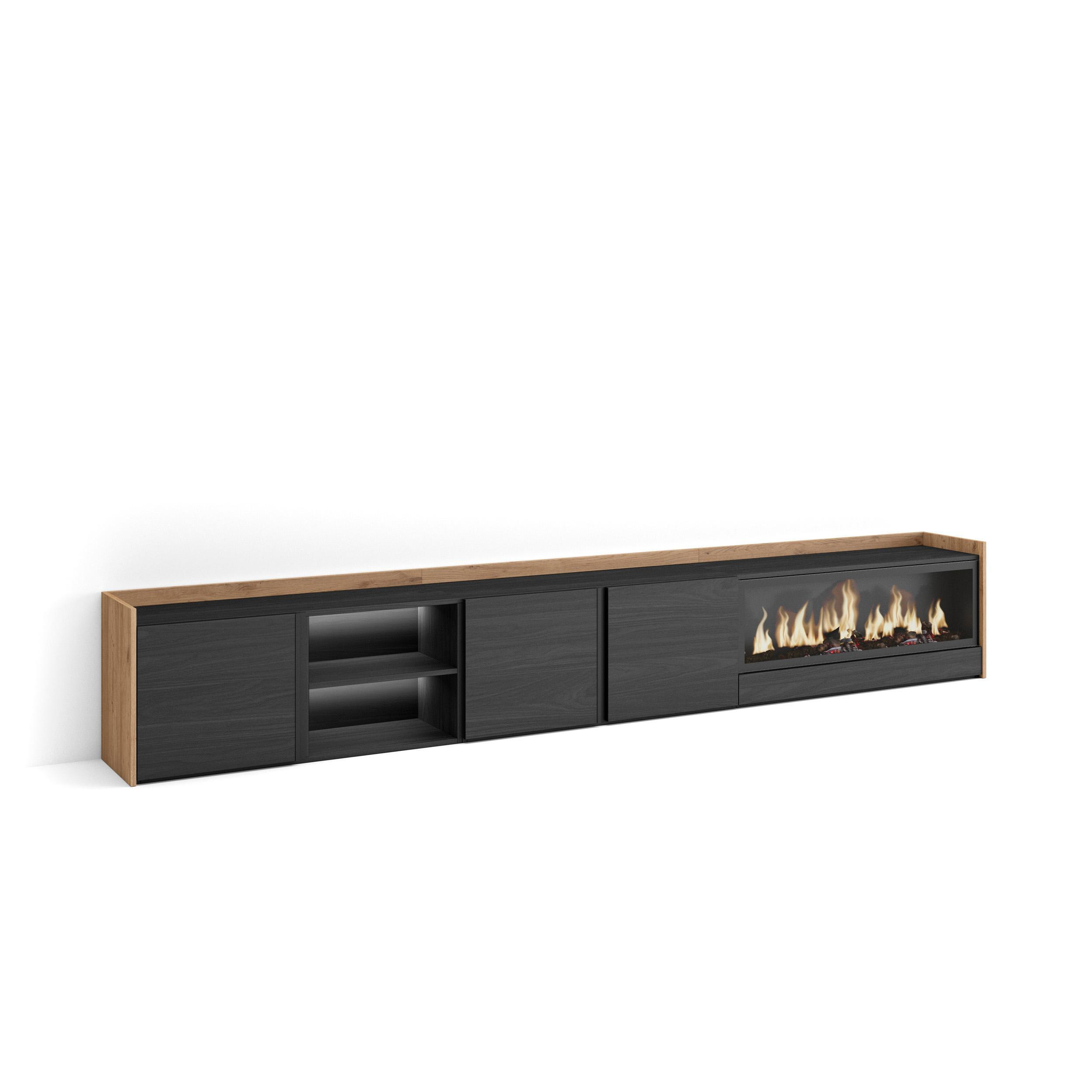 LOWBOARD, Schwarz und Eiche, 315/35/50cm, Kamin mit Feuereffekt XXL - Schwarz, Holzwerkstoff (315/50/35cm) - Skraut Home