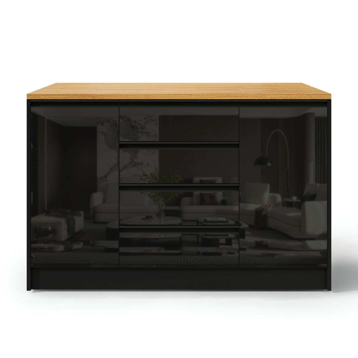 KÜCHENINSEL 140/50/90 cm Schwarz mit 4 Schubladen, ausklappbarer Arbeitsplatte und 2 Schränken - Schwarz, Holz (80/90/140cm) - Oxeza
