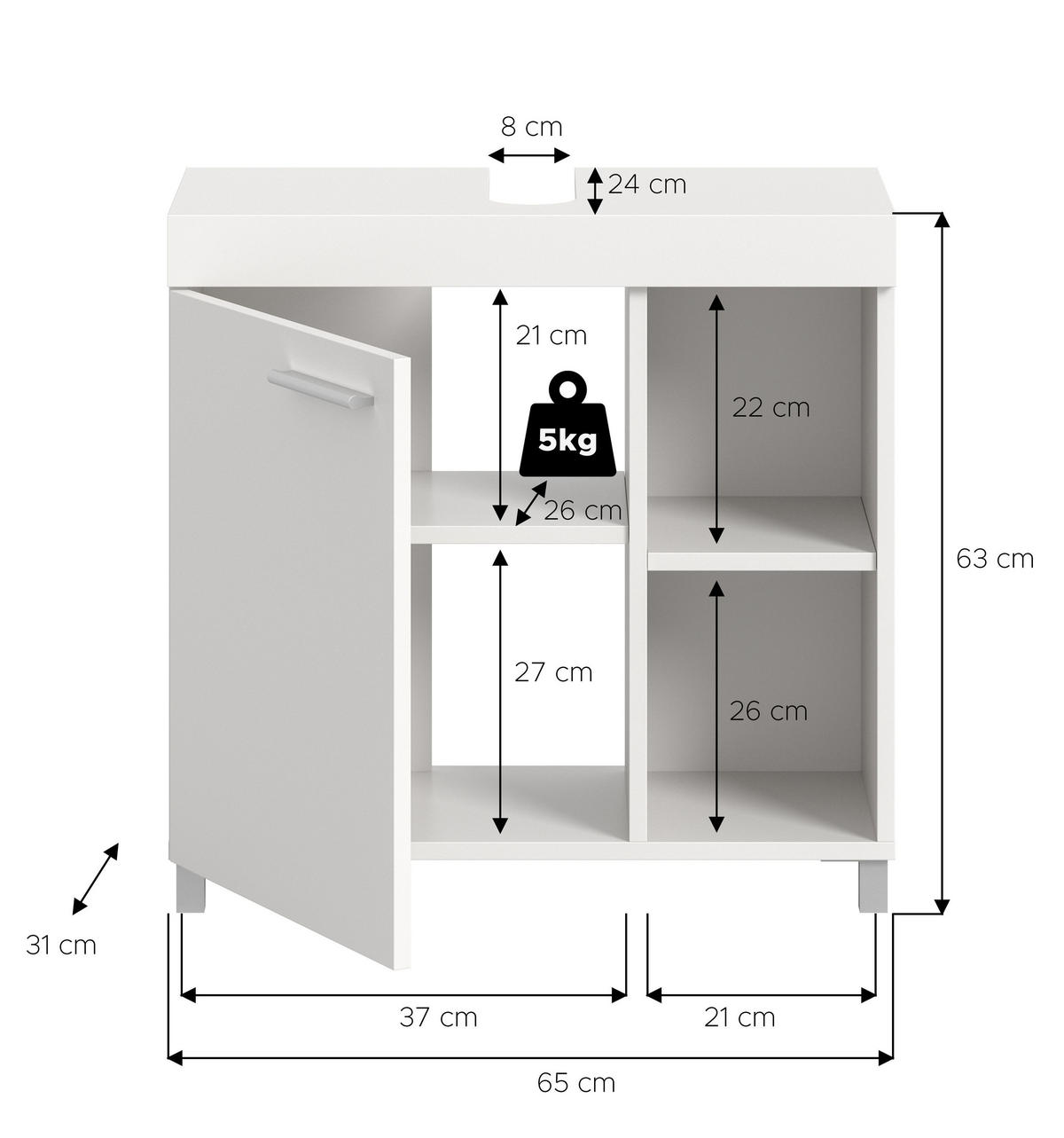 WASCHBECKENUNTERSCHRANK NOAH (B/H/T: ca. 65/63/31 cm) in weiß/weiß - Weiß, Holzwerkstoff (65/63/31cm)