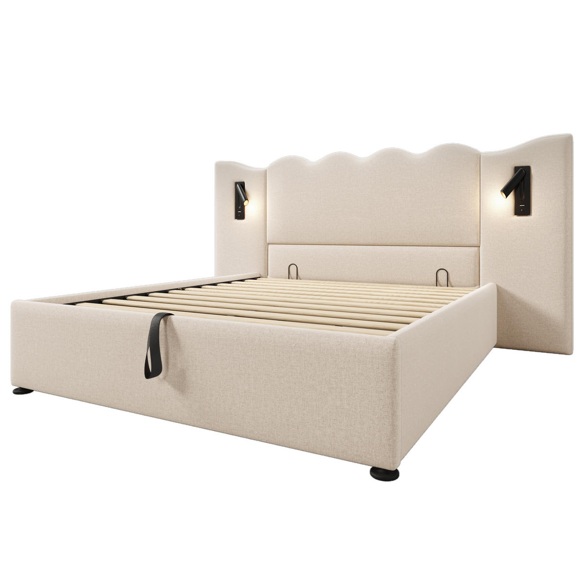 POLSTERBETT 160/200 cm in Beige Leinen mit Bettkasten, Leselampe und USB/Type-C - Beige, Holzwerkstoff/Textil (160/200cm) - WISHDOR