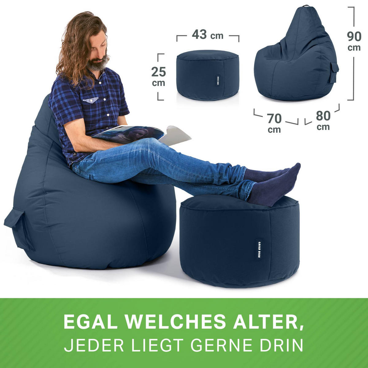 SITZSACK + Hocker "Cozy+Stay" 2er Set - Dunkelblau, Textil (70/90/80cm) - Green Bean
