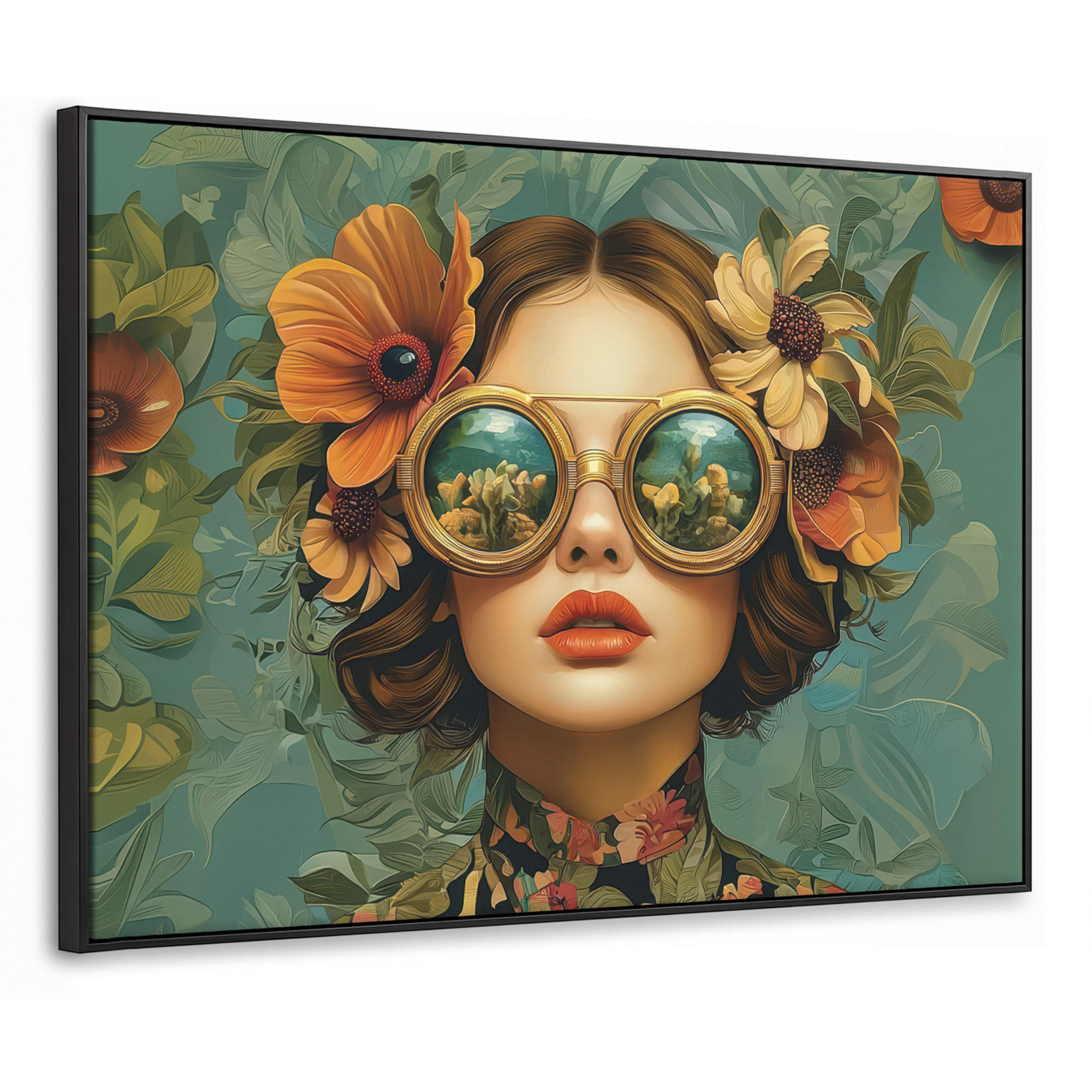 LEINWAND Bilder mit Rahmen - Frau - Blumen - Schmetterlinge - Natur - Vintage - 100x70 - Salbeigrün, Textil (100/70cm) - MuchoWow