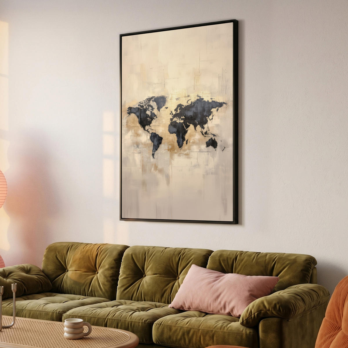 LEINWAND Bilder mit Rahmen - Weltkarte - Gold - Schwarz - Abstrakt - 100x150 - Kupferfarben, Textil (100/150cm) - MuchoWow