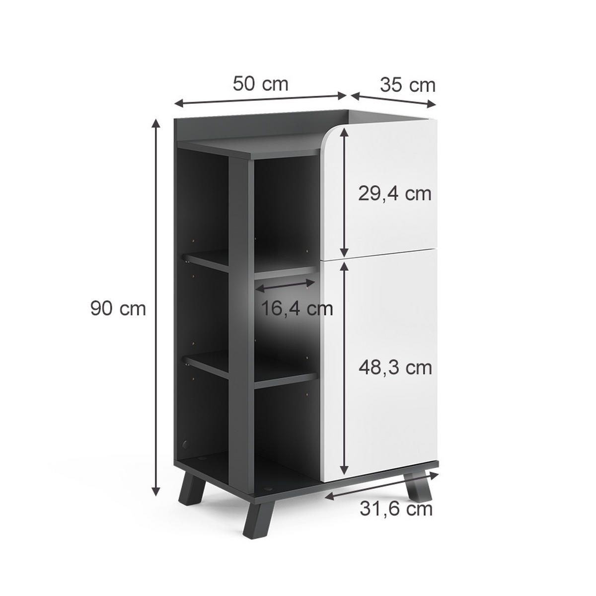 MIDISCHRANK Karen Anthrazit/Weiß 50 x 90 cm mit Tür und Schublade - Anthrazit/Weiß, Holzwerkstoff (50/90/35cm) - Vicco