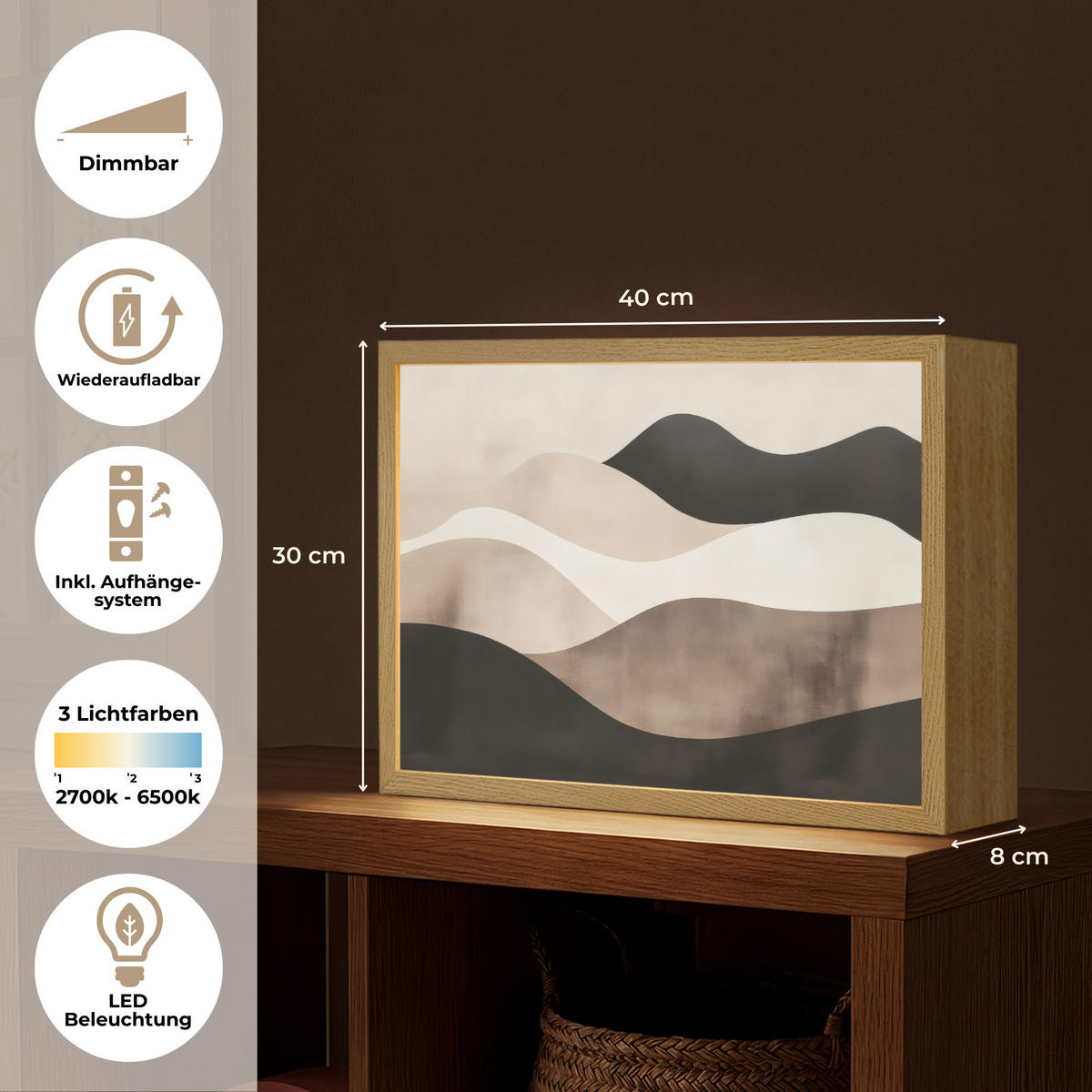 NÁSTĚNNÁ LAMPA S AKUMULÁTOREM Abstraktní - Krajina - Vlny - Krémová barva 40x30 cm - šedohnědá, kompozitní dřevo (40/30/8cm) - OnlyWow