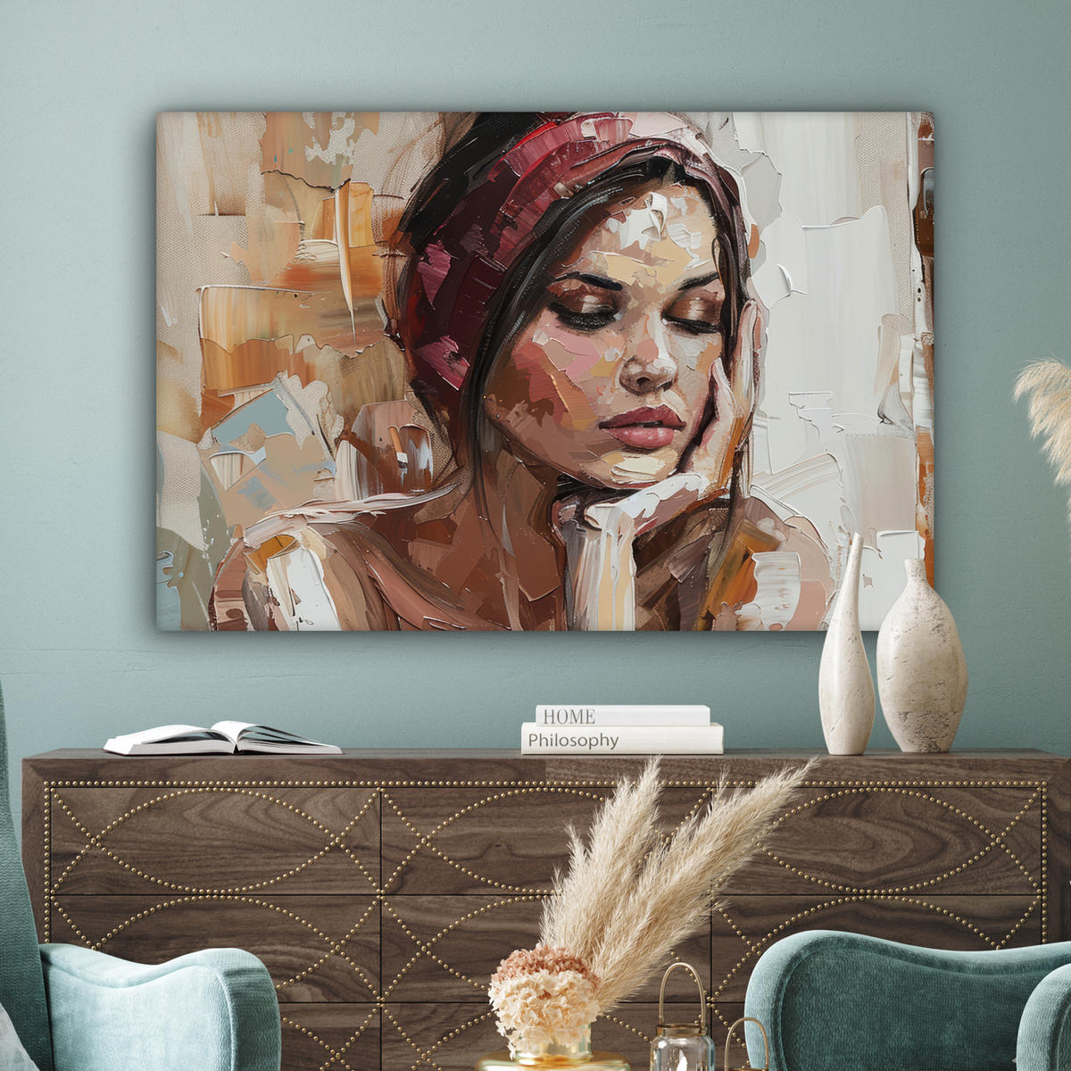 LEINWANDBILD Frau - Lackierung - Porträt - Modern Wohnzimmer 120x80 cm - Altrosa, Textil (120/80cm) - MuchoWow