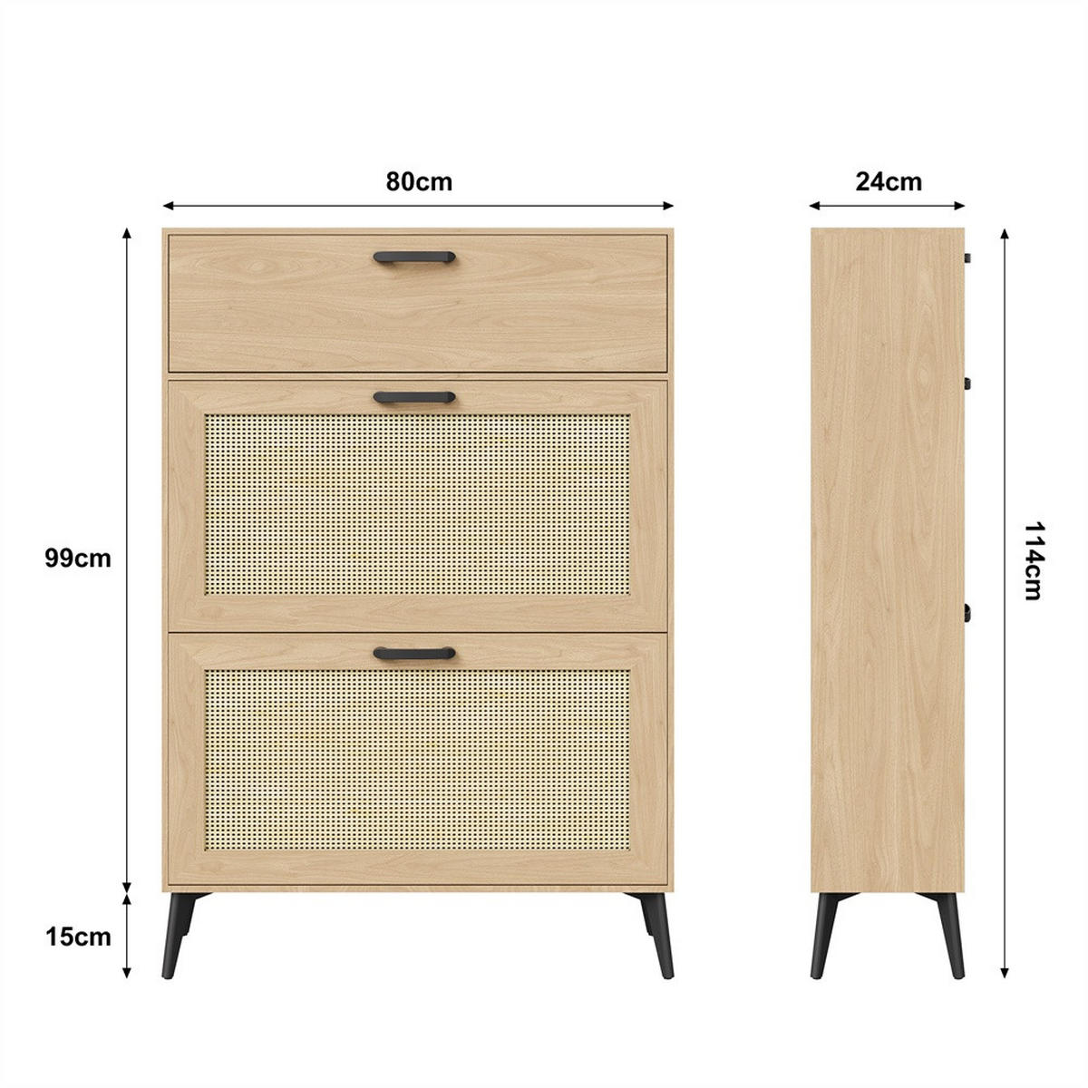 SCHUHSCHRANK im skandinavischen Design - Kipp-Schuhkipper mit 2 Klappen und dekorativem Geflecht - Eichefarben, Holzwerkstoff (24/99/80cm) - DELFA