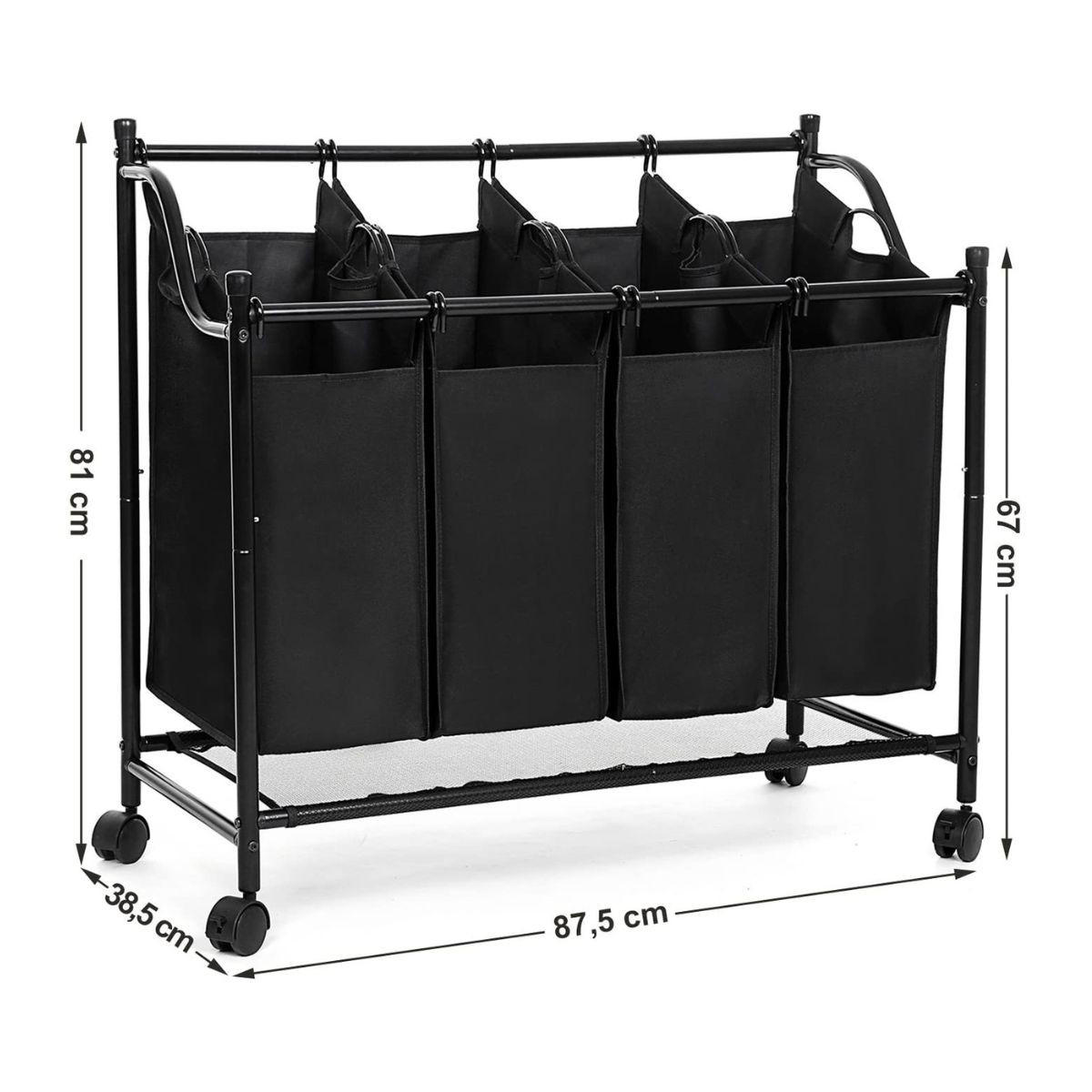 WÄSCHEKORB mit 4 abnehmbaren schwarzen Taschen auf Rädern - L87,5 cm - Grau, Metall (81/38.5/87.5cm) - Calicosy