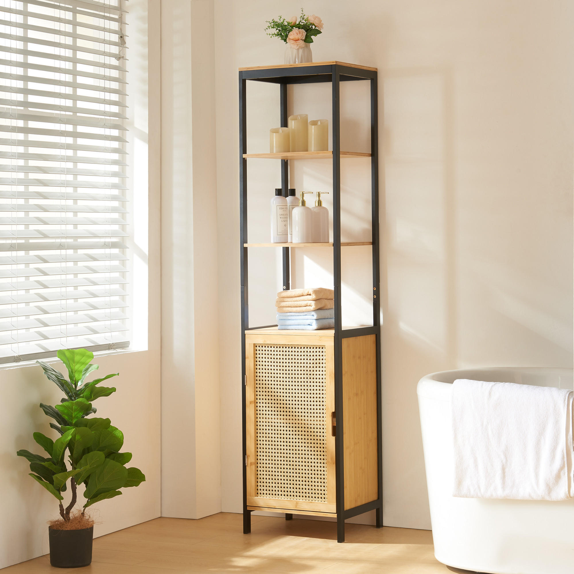 HOCHSCHRANK Tervola - Schwarz/Naturfarben, Naturmaterialien/Holzwerkstoff (40/172/35cm) - [en.casa]