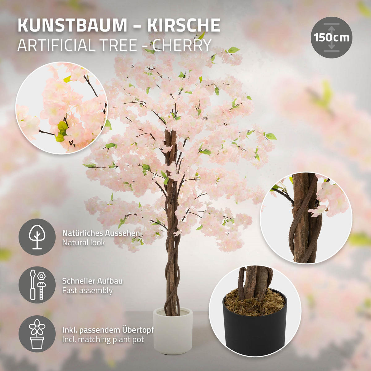 KÜNSTLICHER KIRSCHBLÜTENBAUM 150 cm Rosa mit Naturholzstamm - Pink/Schwarz, Kunststoff/Textil (150cm) - ML-DESIGN