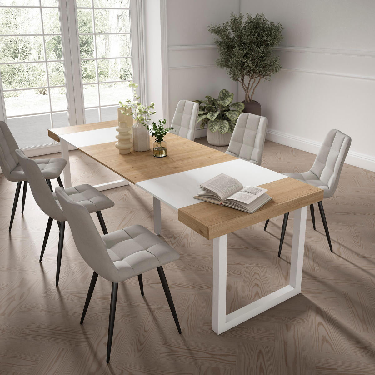 KONSOLENTISCH ausziehbar 58 bis 262cm, für 12 Gäste, eiche weiß, 90/58/73cm - Eichefarben/Weiß, Holzwerkstoff (90/262/73cm) - Skraut Home