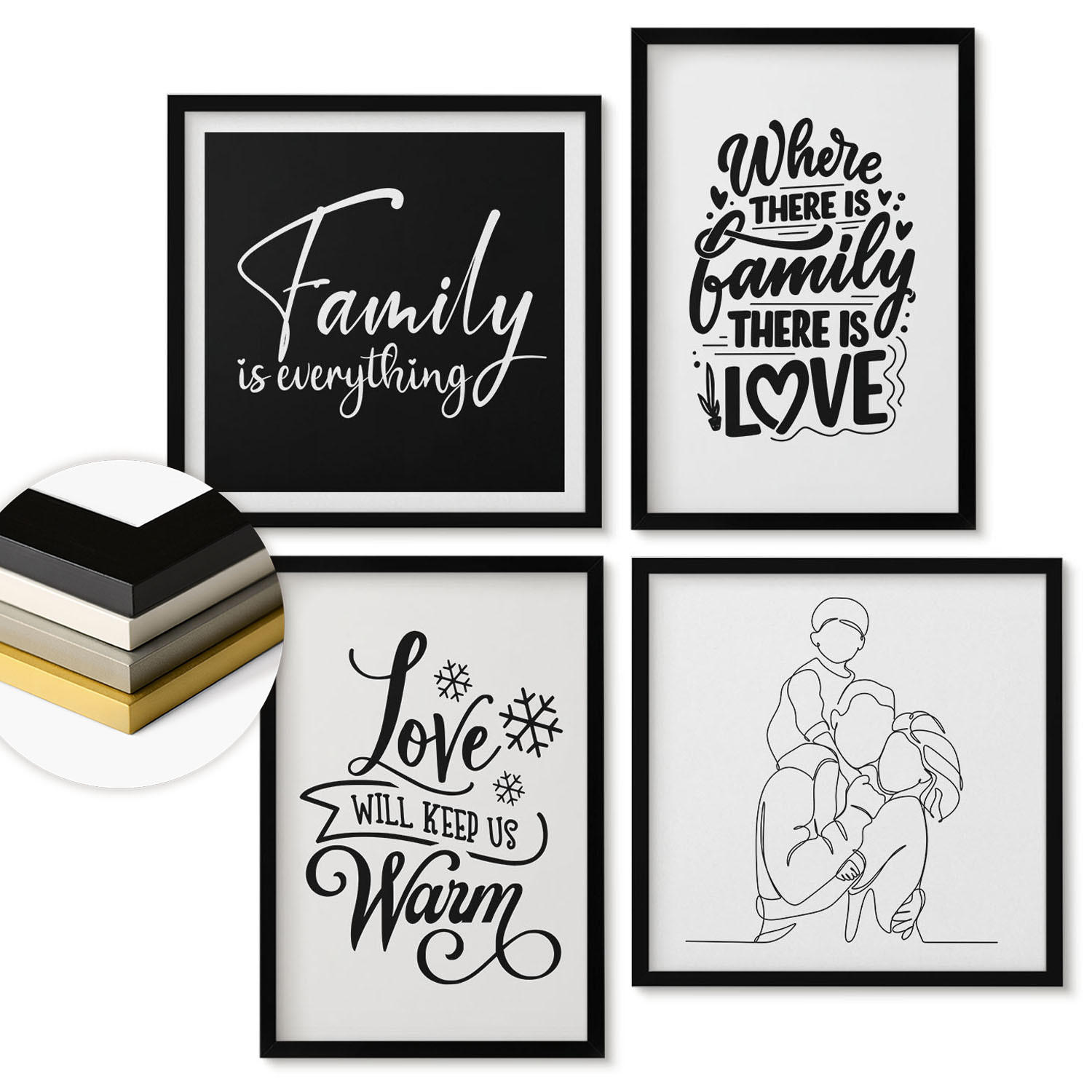 WANDBILDER 4er-Set - 50x50 cm & 40x60 cm Schwarzer Rahmen - Familie, Liebe, Wärme, Zuhause - Schwarz, Kunststoff (50/50cm) - ArtPrintCave