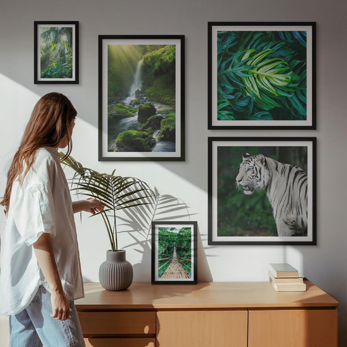 BILDER SET 5er Set - 50x50 cm & 20x30 cm & 40x60 cm Schwarzer Rahmen - Dschungel-Weißtiger-Wasserfall - Schwarz, Kunststoff (40/60cm) - TULUP