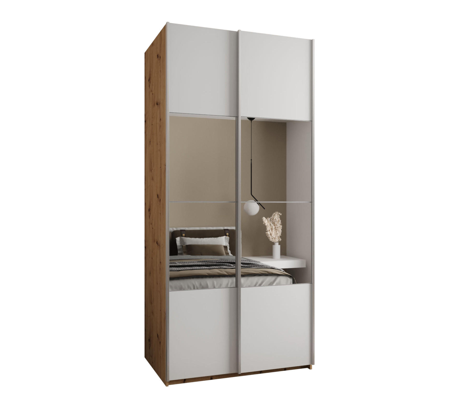 Abiks Möbel Schwebetürenschrank Eiche Artisan, Weiß, Silber 100x245x64 cm