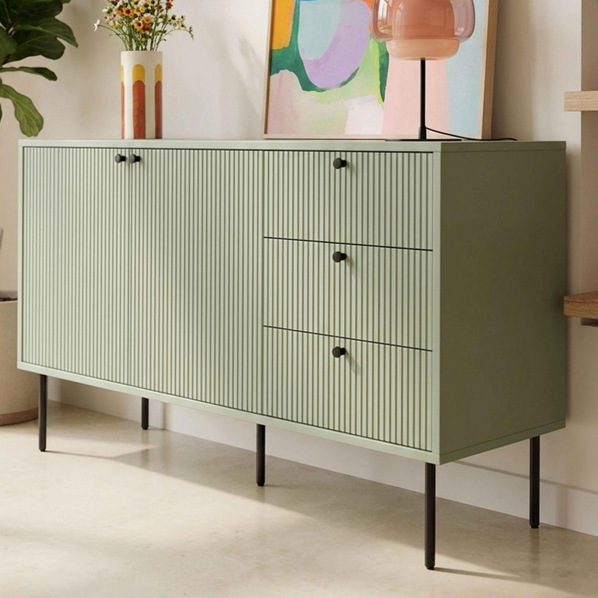 SIDEBOARD 150 cm, Salbeigrün - Grün, Holz/Metall (150/75/40cm) - Oviala