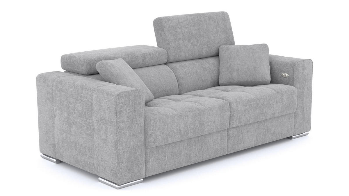 SOFA QUARTZ 3-Sitzer mit 2 Relaxfunktionen, hellgrau - Silberfarben/Hellgrau, Holzwerkstoff/Textil (204/80/102cm) - Courtois Laville