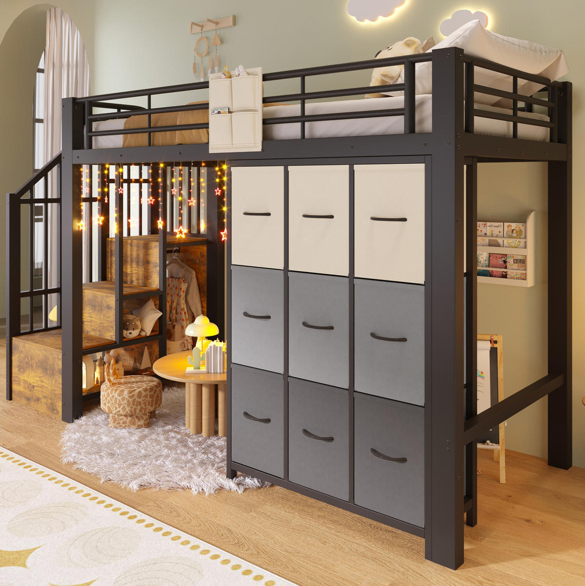 HOCHBETT aus MDF und Metall 90x200 cm Schwarz mit Schubladen, Kleiderstange und Stauraumtreppe - Schwarz, Holzwerkstoff (90/200cm) - Modfu