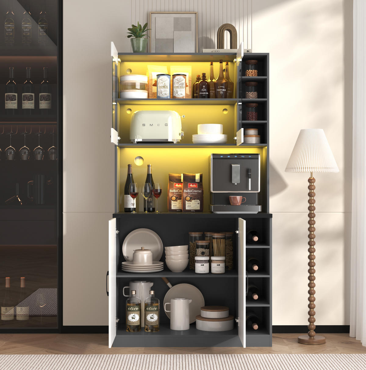 KÜCHENSCHRANK mit LED 100 x 47 x 187 cm MDF Weiß/Grau 3-türig - Weiß, Holzwerkstoff (47/187/100cm) - Meubliv