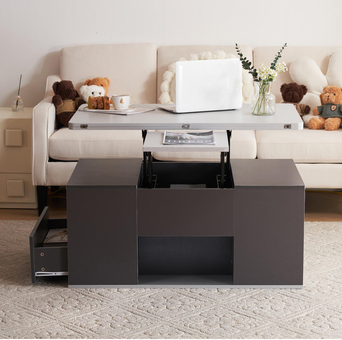 COUCHTISCH aus Spanplatte 100x51x47 cm in Grau mit höhenverstellbarer Tischplatte - Grau, Holzwerkstoff (100/51/47cm) - Modfu