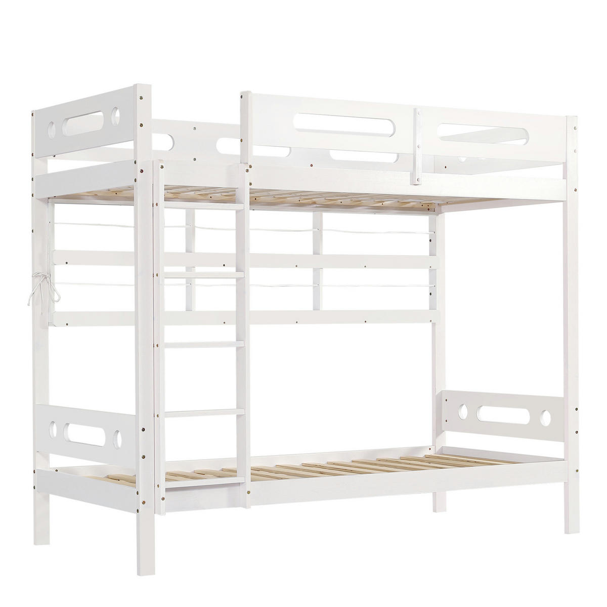 POSCHODOVÁ posteľ 90/200 cm biela/prírodná s otvoreným regálom a 5-stupňovým rebríkom z masívneho dreva a MDF - biela, drevo (90/200cm) - OKWISH