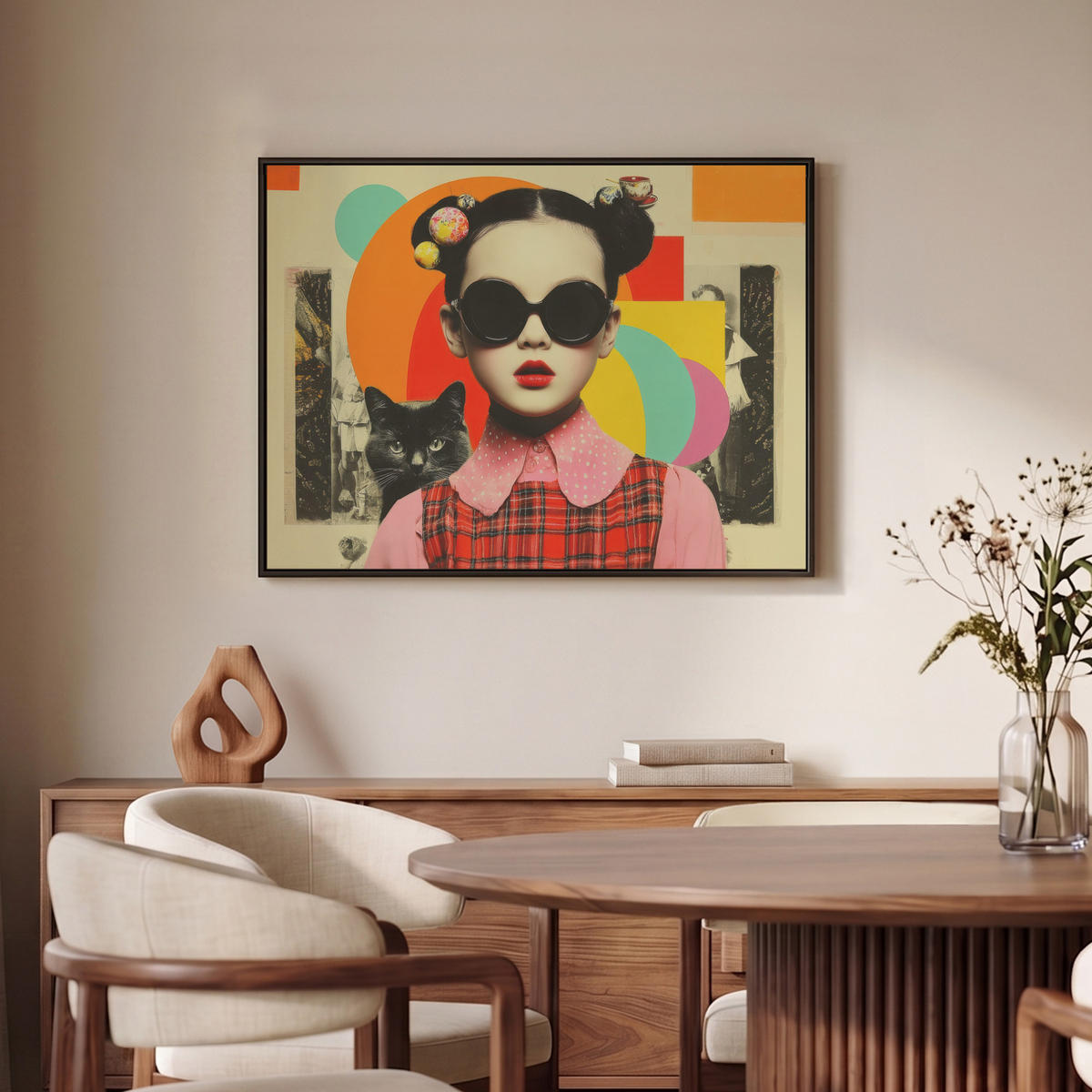 LEINWAND Bilder mit Rahmen - Mädchen - Sonnenbrille - Katze - Retro - 70x50 - Beige, Textil (70/50cm) - MuchoWow