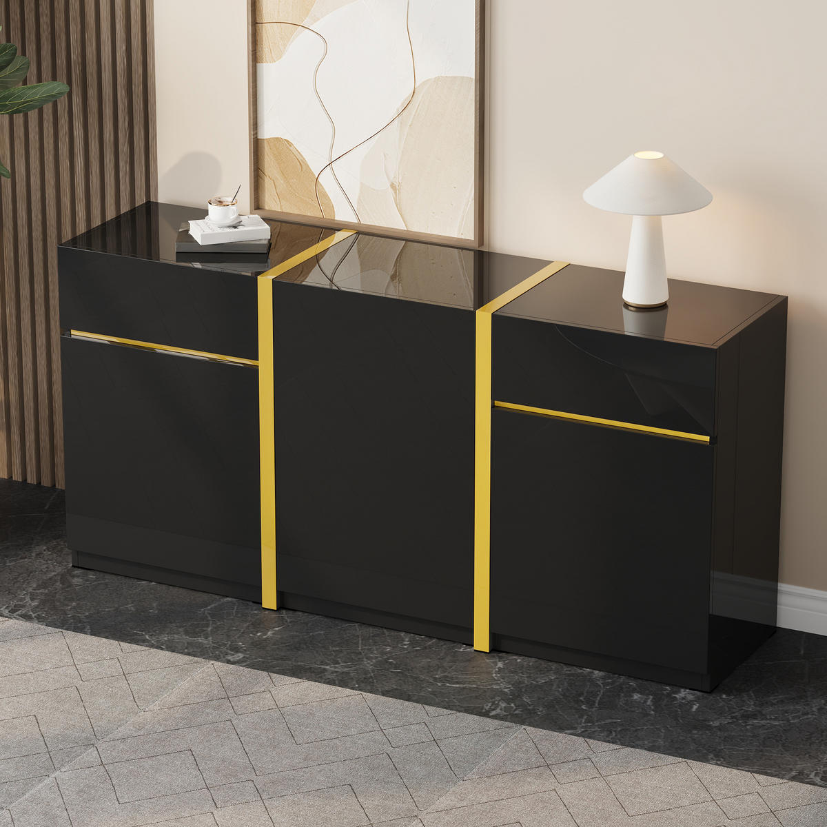 SIDEBOARD Hochglanz 3 Türen 2 Schubladen modern - Schwarz, Holzwerkstoff (40/78/160cm) - FLIEKS