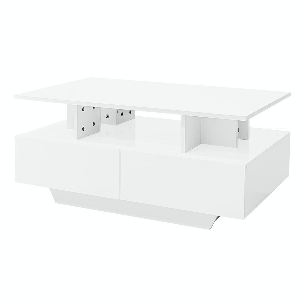 COUCHTISCH 90x55cm Weiß Hochglanz LED 2 Schubladen Stauraum 30kg Belastbar - Weiß, Holz (101.98/65.51/14.99cm) - FLIEKS