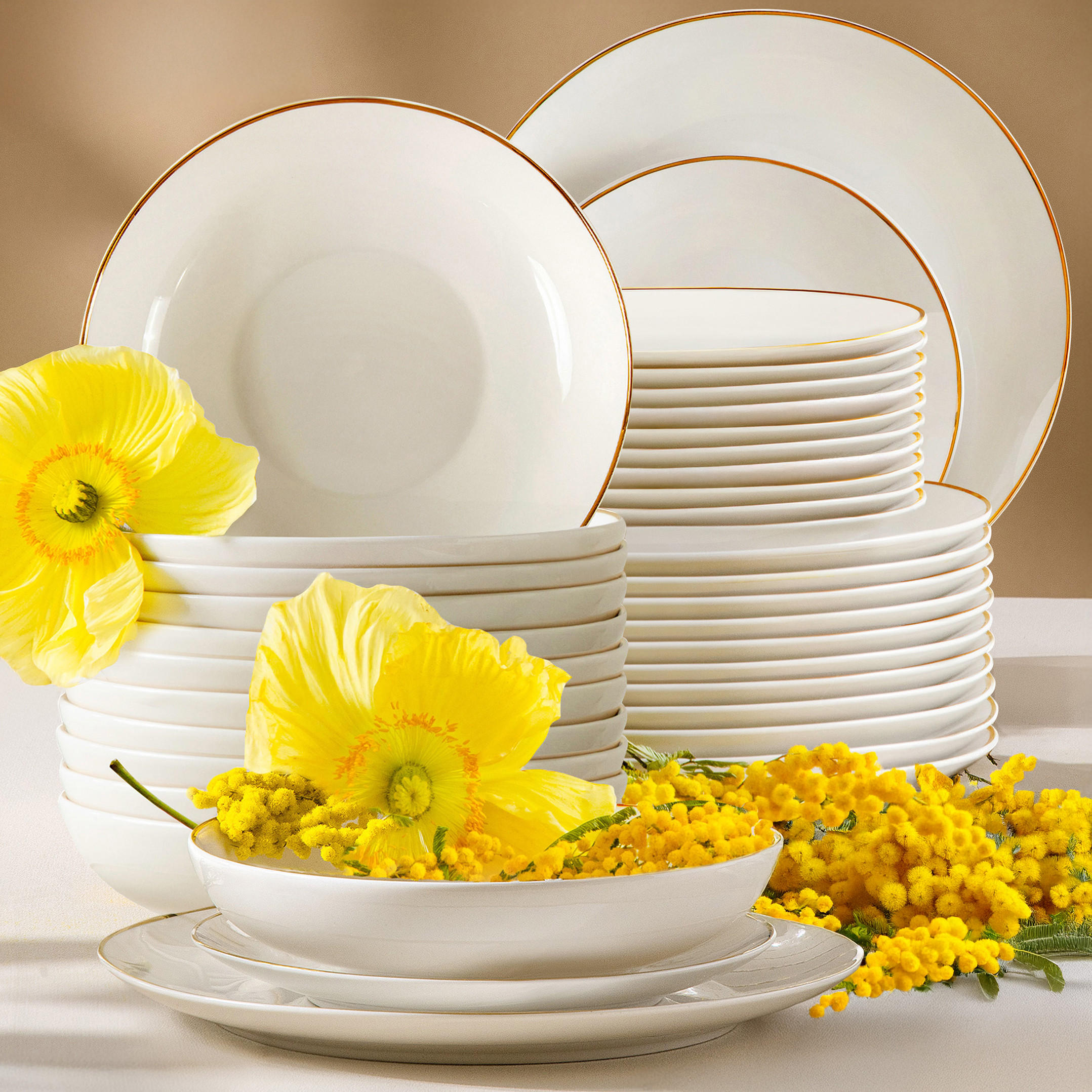 TAFELSERVICE AD BELLA, 12 Personen, 36-tlg - Ecru/Goldfarben, Keramik (26/5/26cm) - KONSIMO®