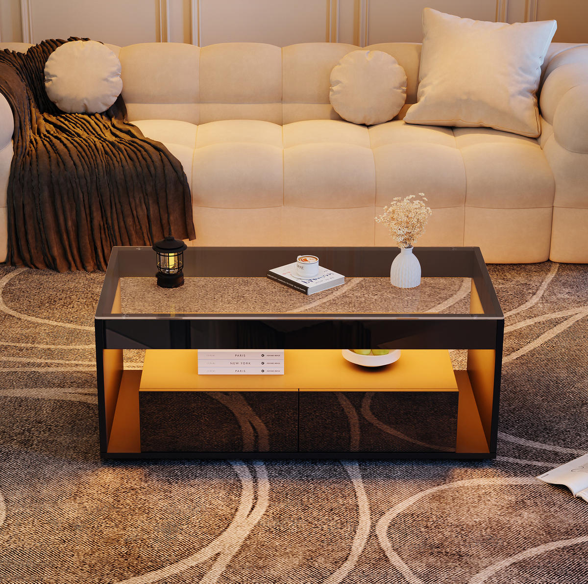 COUCHTISCH 100/50/40 cm in Schwarz mit LED-Beleuchtung und 2 Schubladen - Schwarz, Holzwerkstoff (100/50/40cm) - Flora Grace