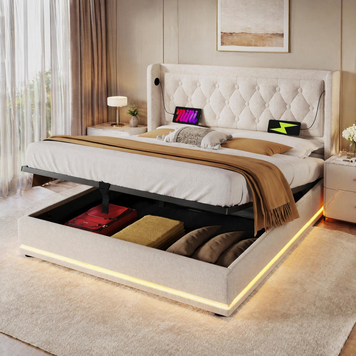 POLSTERBETT 140/200 mit Bettkasten, LED und USB Type-C in Beige - Beige, Holzwerkstoff/Textil (140/200cm) - EVRYAE