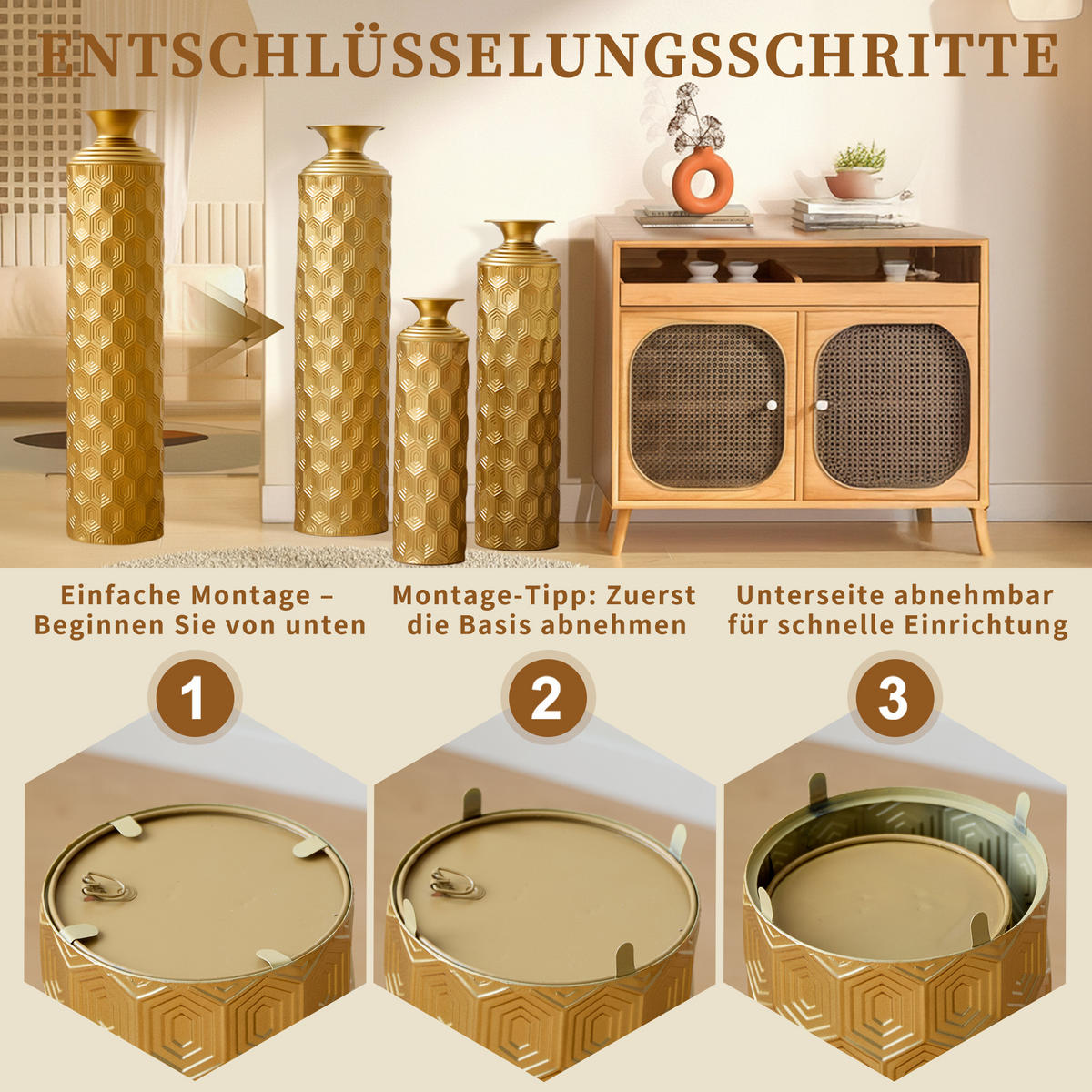 BODENVASE 3-tlg Bodenvase Gold 50/65/85cm Metallvase Wabenmuster Dekovase Groß - Goldfarben, Metall (92.02cm) - Raelunyi