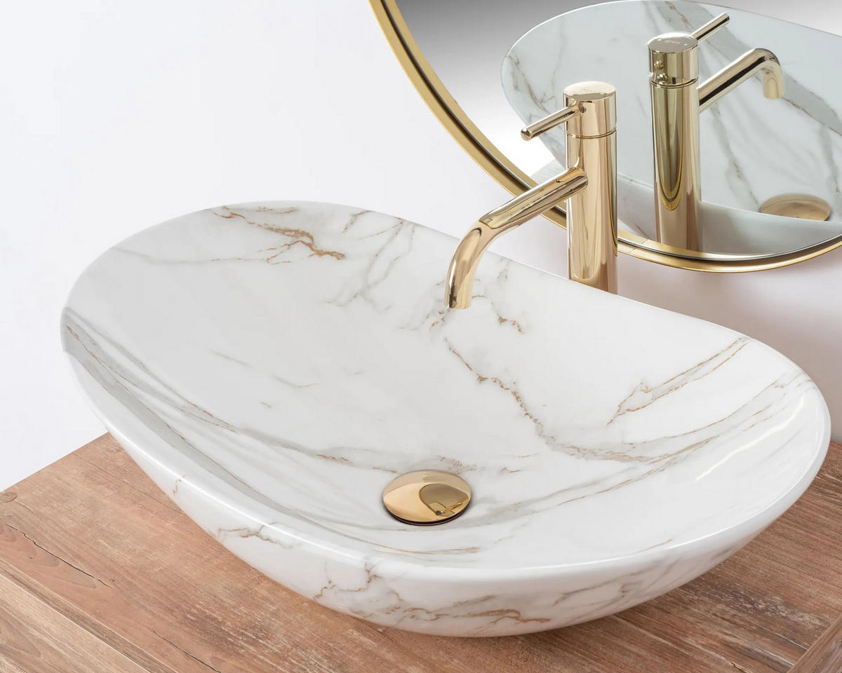 AUFSATZWASCHBECKEN Rea Royal Shiny Aiax Marmor - Weiß, Keramik (36/16/62cm) - REA