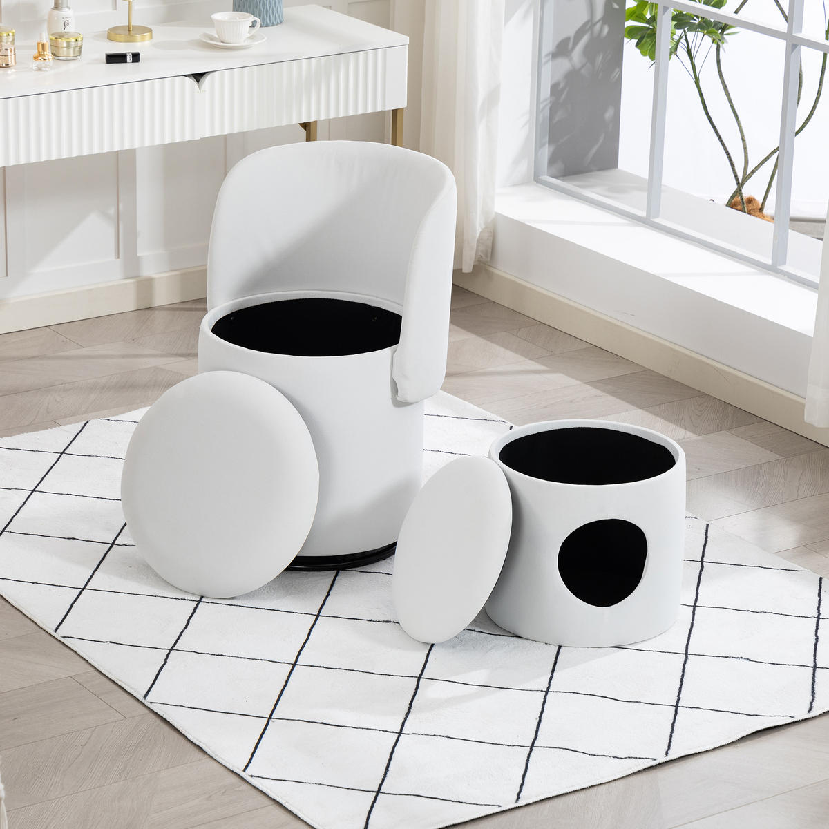 SESSEL Samt Weiß drehbar, Stauraum und mit Hocker - Beige, Holzwerkstoff/Textil (48/75/52cm) - WISHDOR