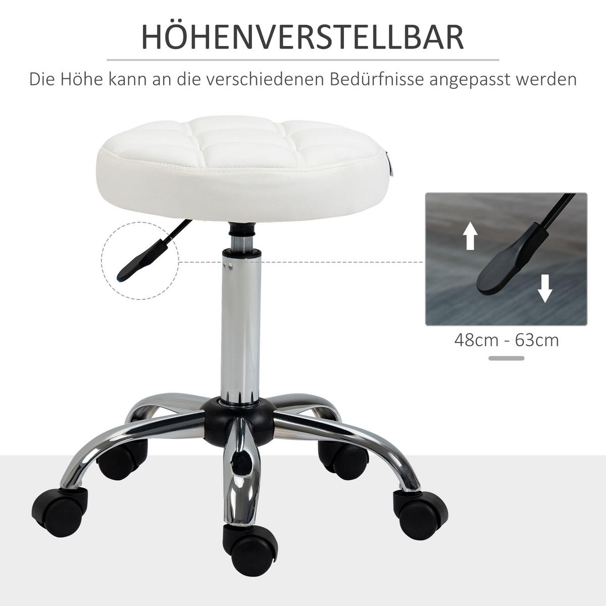 ROLLHOCKER Höhenverstellbarer Arbeitshocker, Drehbarer Salon Hocker für Büro - Weiß, Leder (35.5/67/35.5cm) - HOMCOM