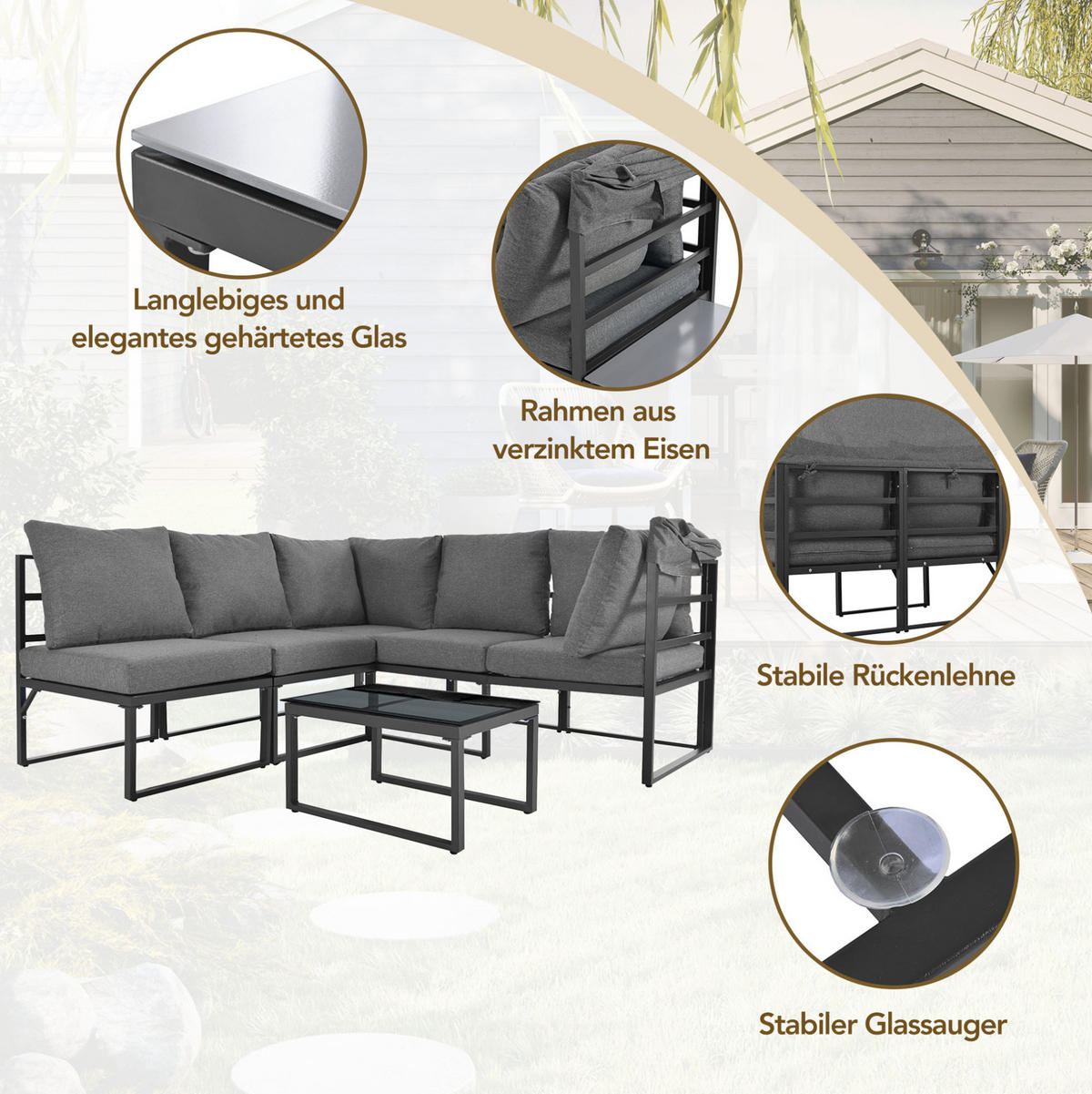 GARTENMÖBEL-SET 176/65/145 cm grau aus Eisen mit Sonnenschutz - Grau, Metall - OKWISH