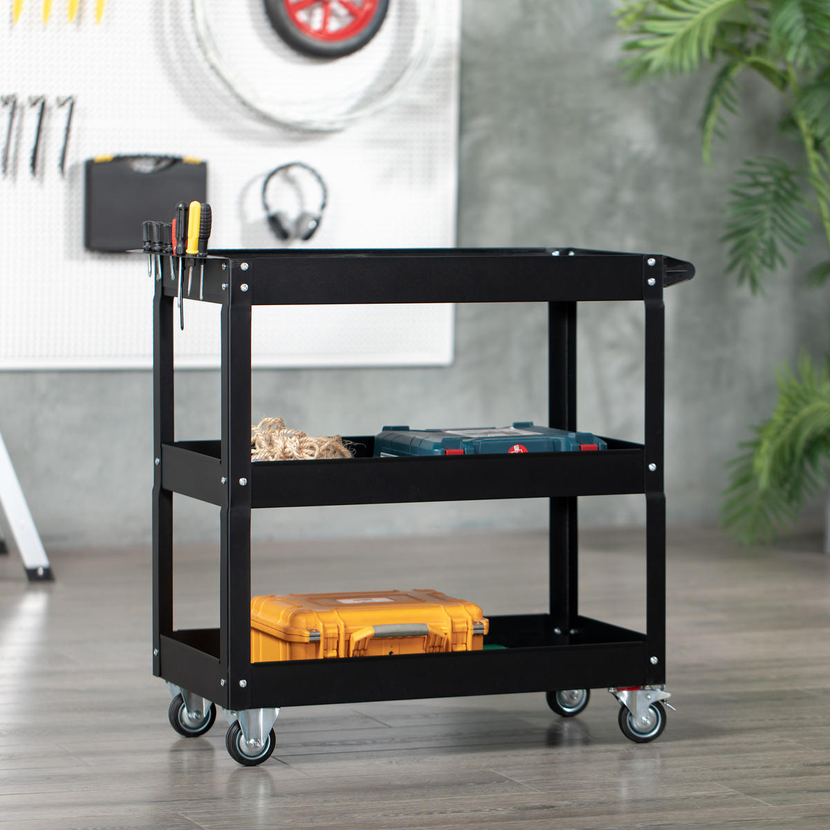 WERKZEUGWAGEN DE-09495 3-stufig mit 4 Rollen Schwarz - Schwarz, Metall (35.3/76/83cm) - ComfortXL