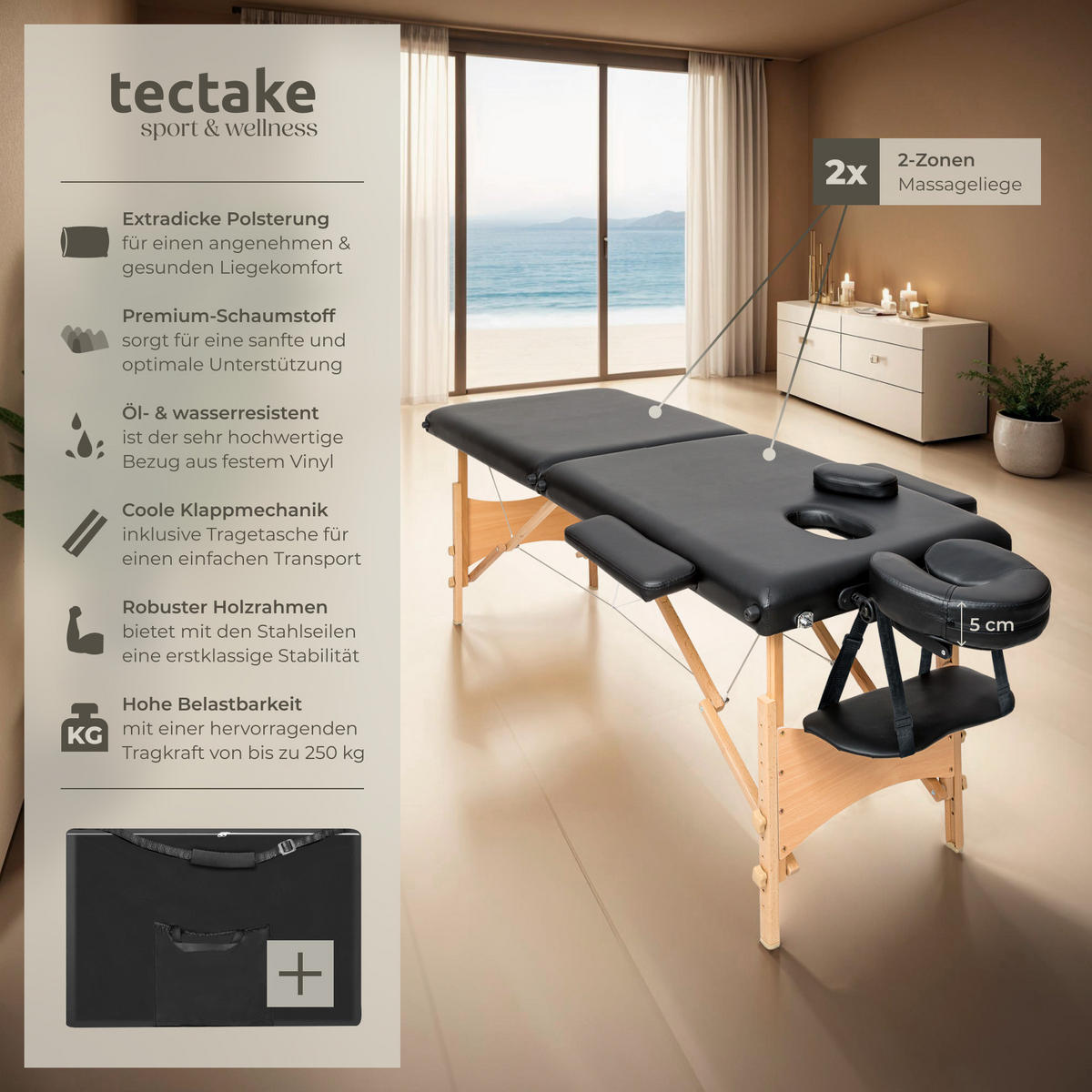 MASSAGELIEGE 2 Zonen Freddi,210 x 95 x 84 cm,schwarz - Schwarz, Holz (61/62/185cm) - tectake