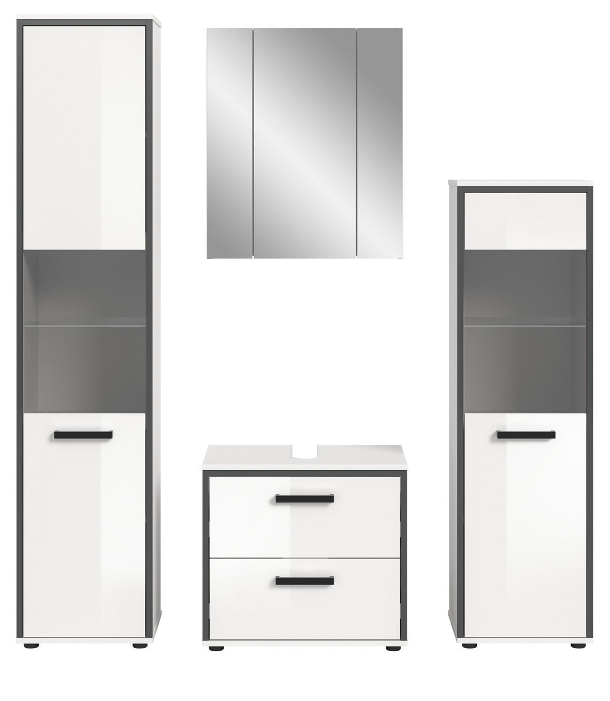 BADMÖBEL-SET weiß Hochglanz, grau 4-teilig 170 x 188 cm, Komplettset mit viel Stauraum - Weiß Hochglanz/Schwarz, Glas/Holzwerkstoff (170/188/37.5cm) - Inn.Furn