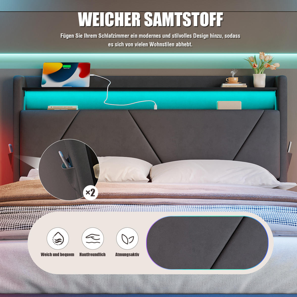 POLSTERBETT 160x200 cm LED USB Stauraum - Dunkelgrau, Textil (160/200cm) - LEBENLANG